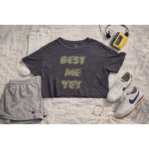 Aerie BEST ME YET Graphic Cropped Tee Distressed Vintage Wash Boxy T Shirt L